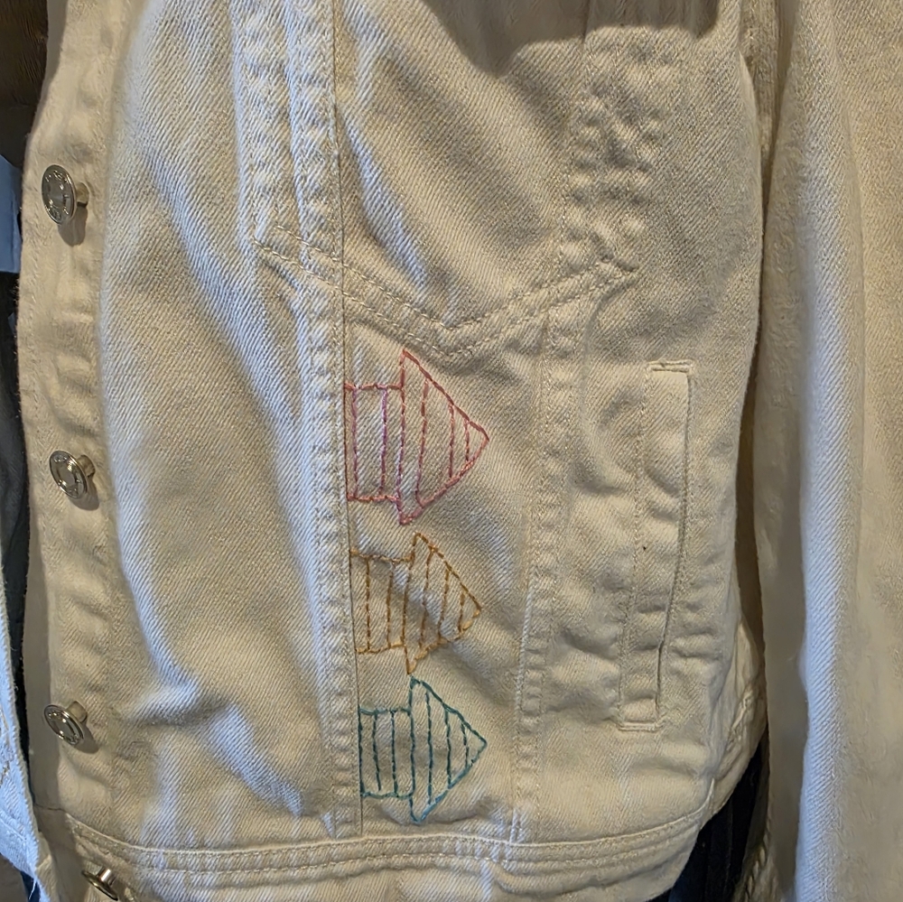 HAND CRAFTED Jacket UPCYCLED White Denim Embroidered BLINK 182 Tee Size XXL - Picture 9 of 11